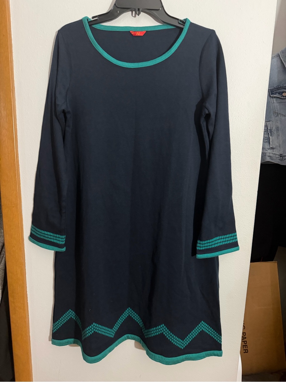 Navy Midi Dress with Teal Trim - Women's Long Sleeve A-Line